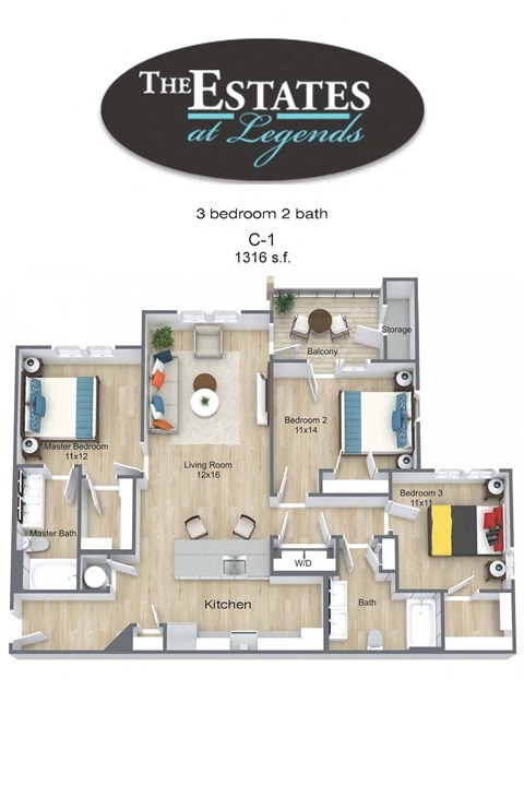 Floor plan for 3 beds, 2 baths, 1316 sqft